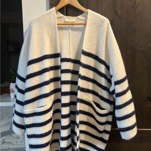 Sezane Striped Open Front Women’s Sweater Cardigan Jacket - White & Navy
